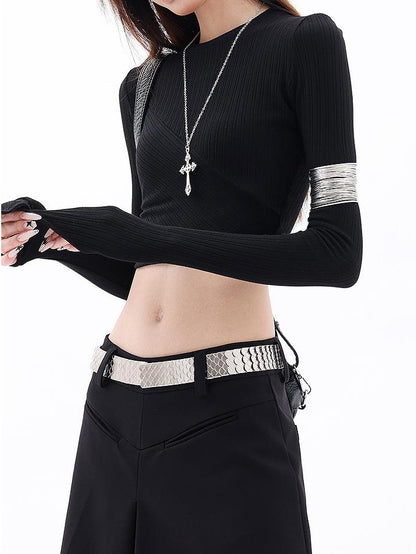 QIUQIU STUDIO Solid Ribbed Knit Slim Fit Crop Round Neck Women&