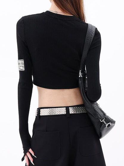 QIUQIU STUDIO Solid Ribbed Knit Slim Fit Crop Round Neck Women&