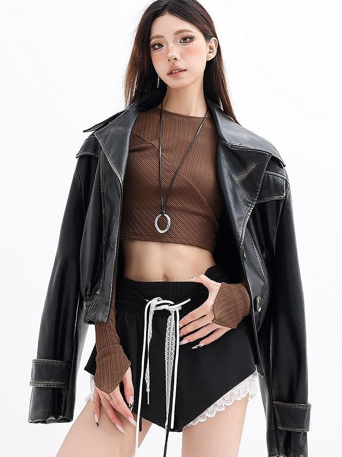 QIUQIU STUDIO Solid Ribbed Knit Slim Fit Crop Round Neck Women&