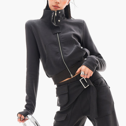 QIUQIU_STUDIO_Solid_Stand_Collar_Slim_Fit_Cropped_Zip_Up_Women&