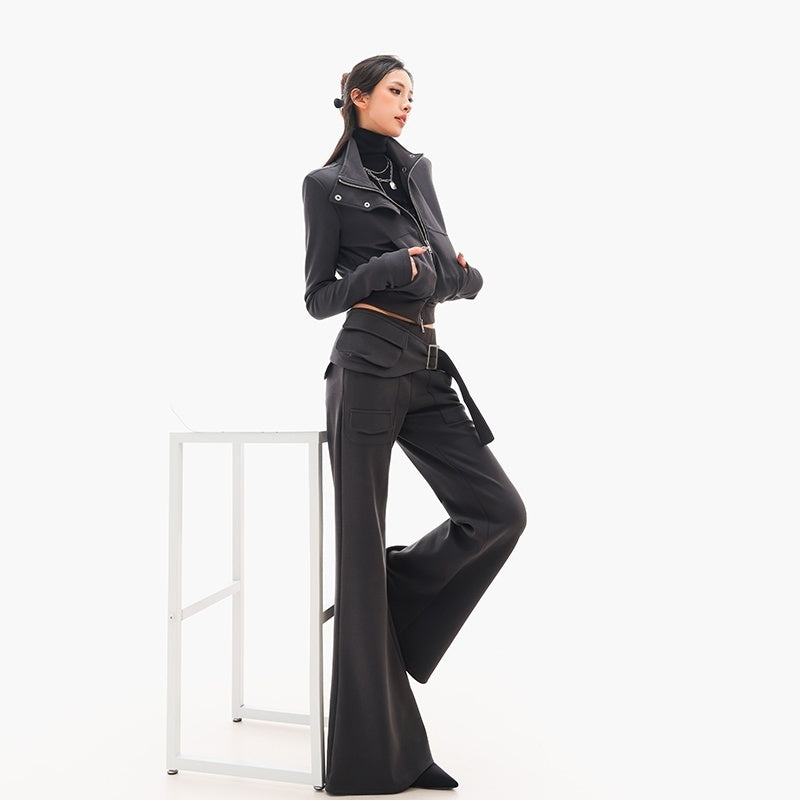 QIUQIU_STUDIO_Solid_Stand_Collar_Slim_Fit_Cropped_Zip_Up_Women&