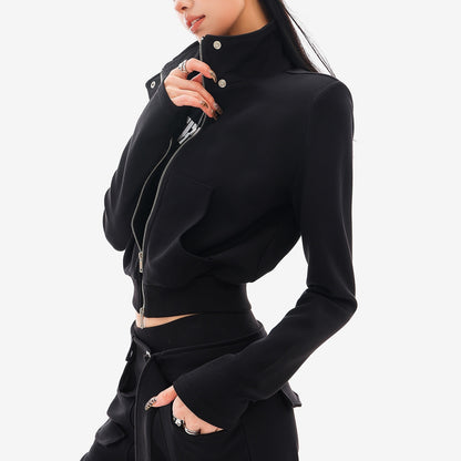 QIUQIU_STUDIO_Solid_Stand_Collar_Slim_Fit_Cropped_Zip_Up_Women&