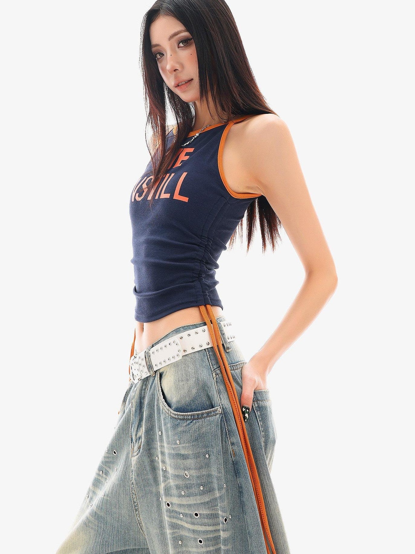 QIUQIU STUDIO Spaghetti Strap Drawstring Waist Slim Fit Women&