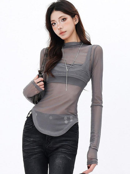 QIUQIU STUDIO Spliced Mock Neck Slim Fit Two Piece Women&