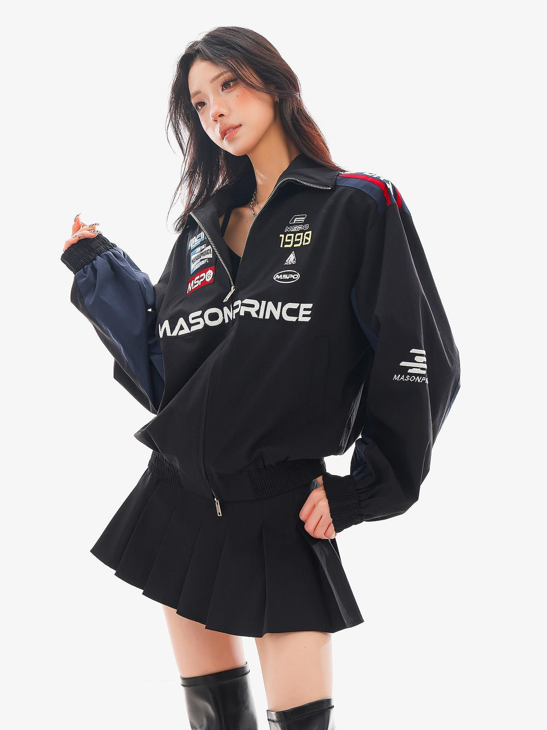 QIUQIU STUDIO Spliced Panel Loose Silhouette Stand Collar Zip Up Women&