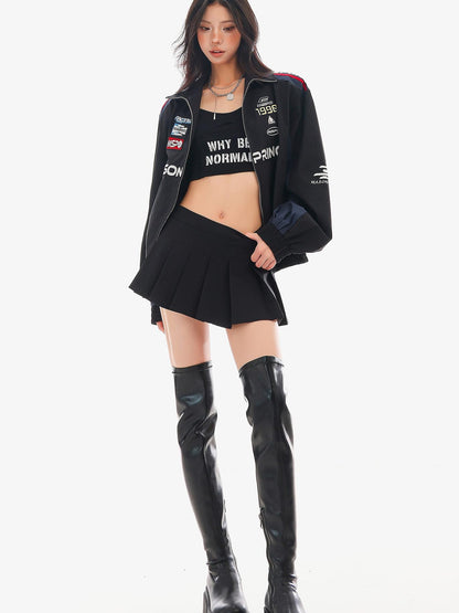 QIUQIU STUDIO Spliced Panel Loose Silhouette Stand Collar Zip Up Women&