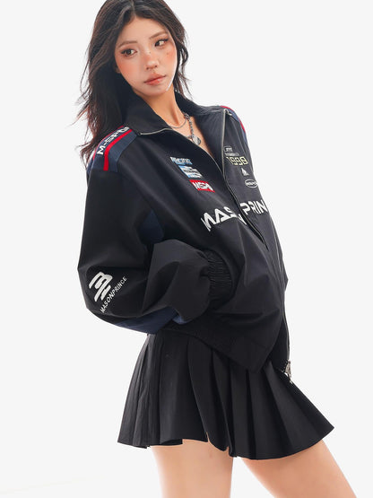 QIUQIU STUDIO Spliced Panel Loose Silhouette Stand Collar Zip Up Women&