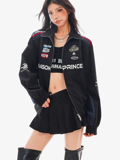 QIUQIU STUDIO Spliced Panel Loose Silhouette Stand Collar Zip Up Women&