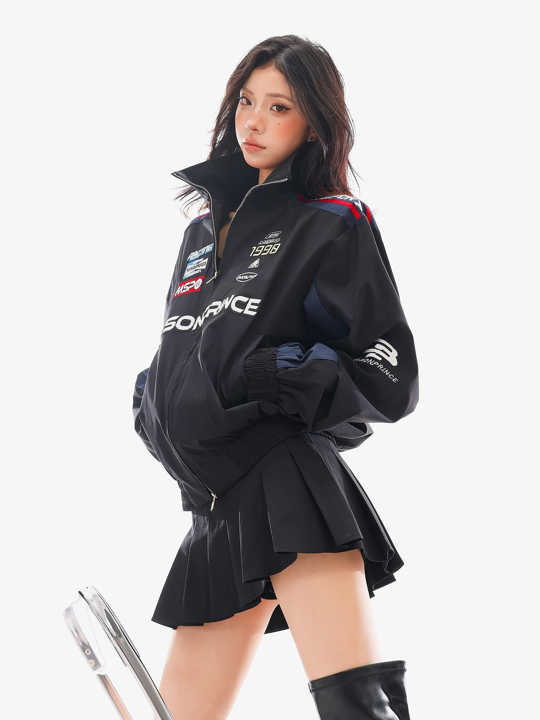 QIUQIU STUDIO Spliced Panel Loose Silhouette Stand Collar Zip Up Women&