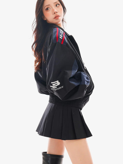QIUQIU STUDIO Spliced Panel Loose Silhouette Stand Collar Zip Up Women&