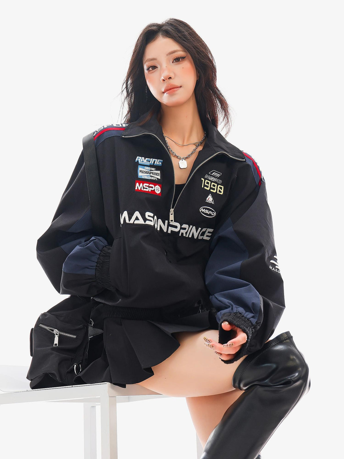 QIUQIU STUDIO Spliced Panel Loose Silhouette Stand Collar Zip Up Women&