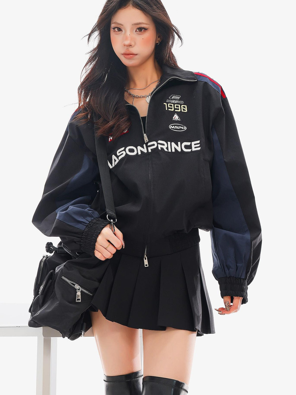 QIUQIU STUDIO Spliced Panel Loose Silhouette Stand Collar Zip Up Women&