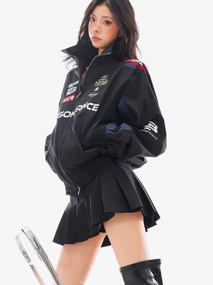 QIUQIU STUDIO Spliced Panel Loose Silhouette Stand Collar Zip Up Women&