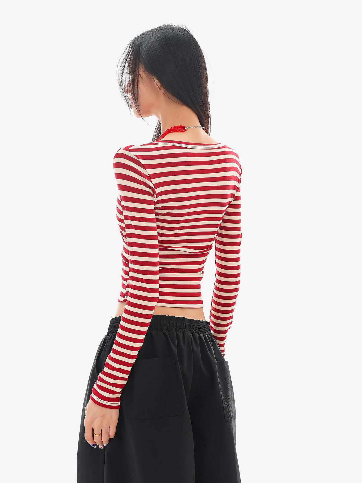 QIUQIU STUDIO Striped Deep V-neck Slim Fit Cropped Women&