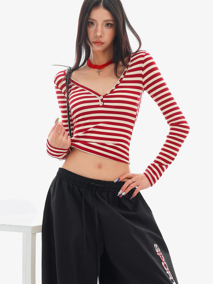 QIUQIU STUDIO Striped Deep V-neck Slim Fit Cropped Women&