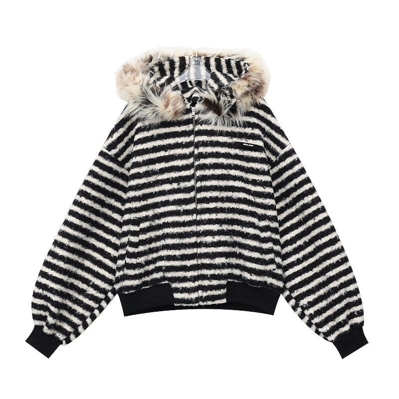 QIUQIU_STUDIO_Striped_Fur_Collar_Hooded_Contrast_Zip_Relaxed_Women&