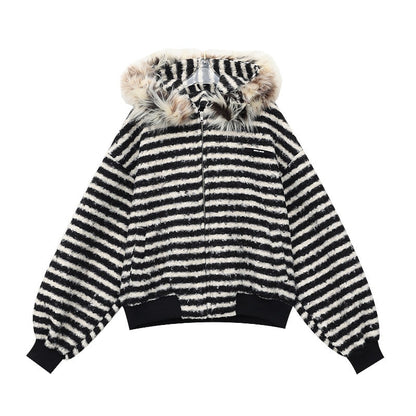 QIUQIU_STUDIO_Striped_Fur_Collar_Hooded_Contrast_Zip_Relaxed_Women&