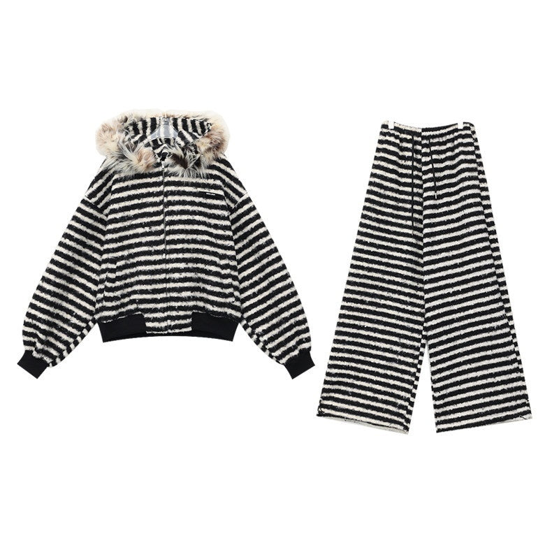 QIUQIU_STUDIO_Striped_Fur_Collar_Hooded_Contrast_Zip_Relaxed_Women&