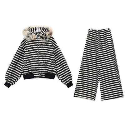 QIUQIU_STUDIO_Striped_Fur_Collar_Hooded_Contrast_Zip_Relaxed_Women&