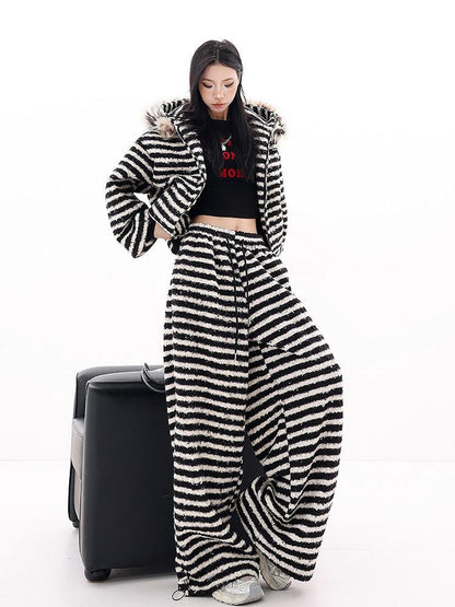 QIUQIU STUDIO Striped Fur Collar Hooded Contrast Zip Relaxed Women&