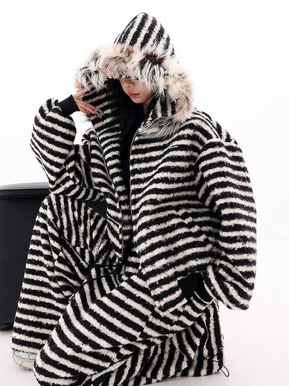 QIUQIU STUDIO Striped Fur Collar Hooded Contrast Zip Relaxed Women&