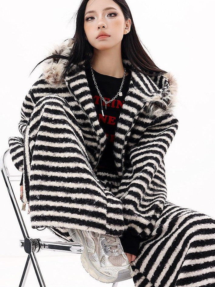 QIUQIU STUDIO Striped Fur Collar Hooded Contrast Zip Relaxed Women&