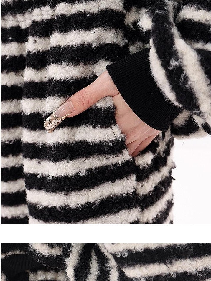 QIUQIU STUDIO Striped Fur Collar Hooded Contrast Zip Relaxed Women&