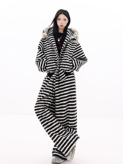 QIUQIU STUDIO Striped Fur Collar Hooded Contrast Zip Relaxed Women&
