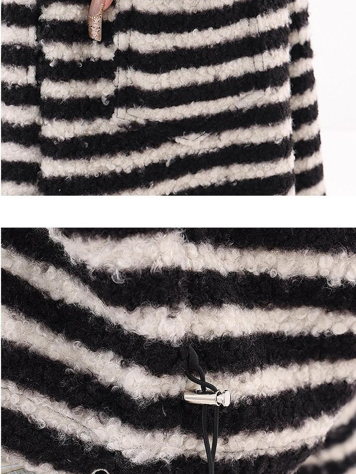 QIUQIU STUDIO Striped Fur Collar Hooded Contrast Zip Relaxed Women&