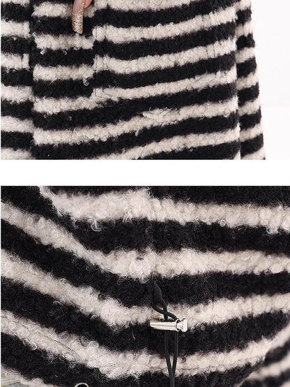 QIUQIU STUDIO Striped Fur Collar Hooded Contrast Zip Relaxed Women&