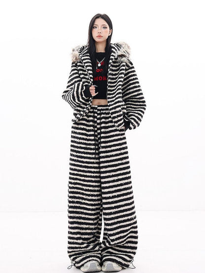 QIUQIU STUDIO Striped Fur Collar Hooded Contrast Zip Relaxed Women&