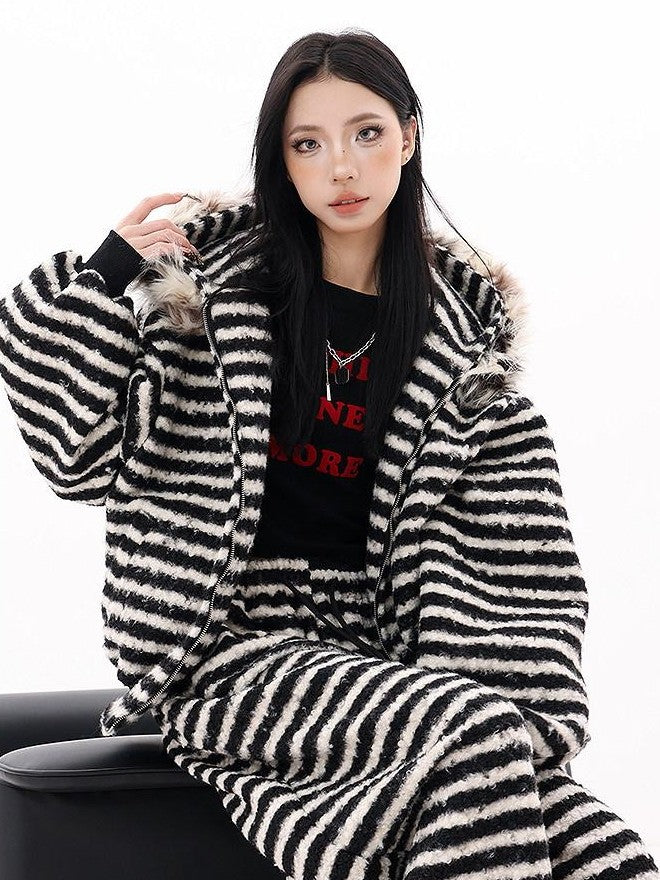 QIUQIU STUDIO Striped Fur Collar Hooded Contrast Zip Relaxed Women&