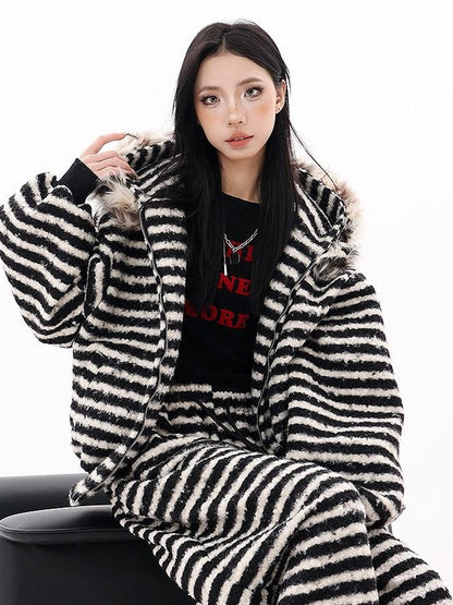 QIUQIU STUDIO Striped Fur Collar Hooded Contrast Zip Relaxed Women&