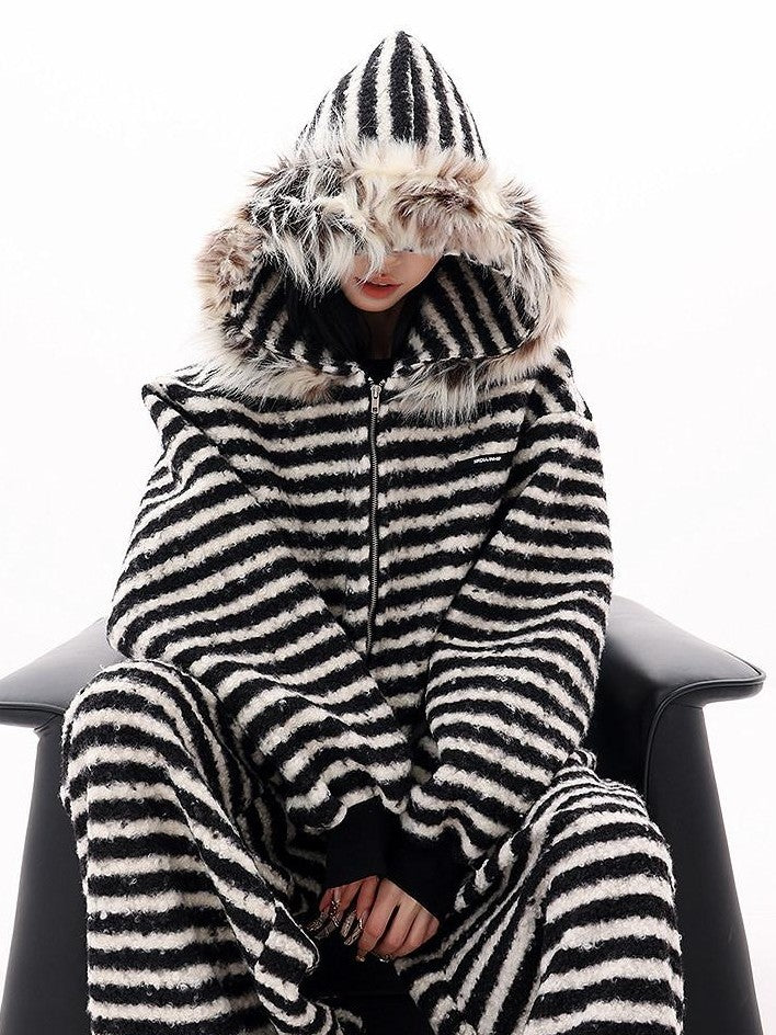 QIUQIU STUDIO Striped Fur Collar Hooded Contrast Zip Relaxed Women&