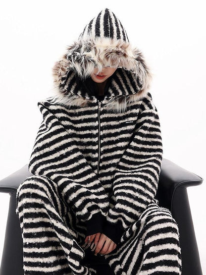 QIUQIU STUDIO Striped Fur Collar Hooded Contrast Zip Relaxed Women&