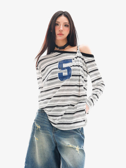 QIUQIU STUDIO Striped Lettering Print Asymmetric Shoulder Loose Women&