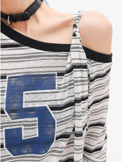 QIUQIU STUDIO Striped Lettering Print Asymmetric Shoulder Loose Women&