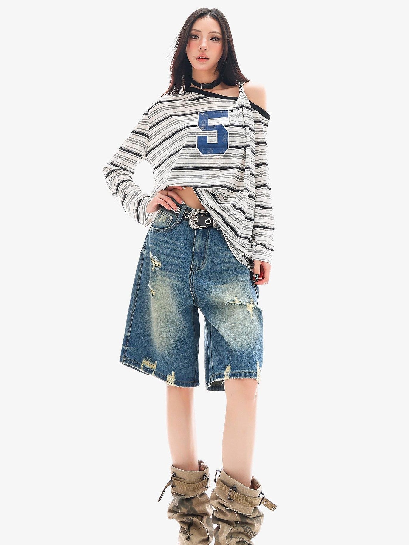 QIUQIU STUDIO Striped Lettering Print Asymmetric Shoulder Loose Women&