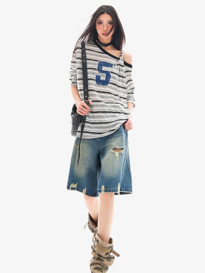 QIUQIU STUDIO Striped Lettering Print Asymmetric Shoulder Loose Women&