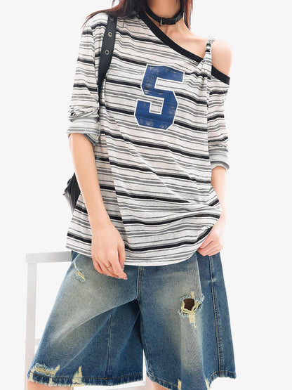 QIUQIU STUDIO Striped Lettering Print Asymmetric Shoulder Loose Women&