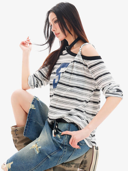 QIUQIU STUDIO Striped Lettering Print Asymmetric Shoulder Loose Women&