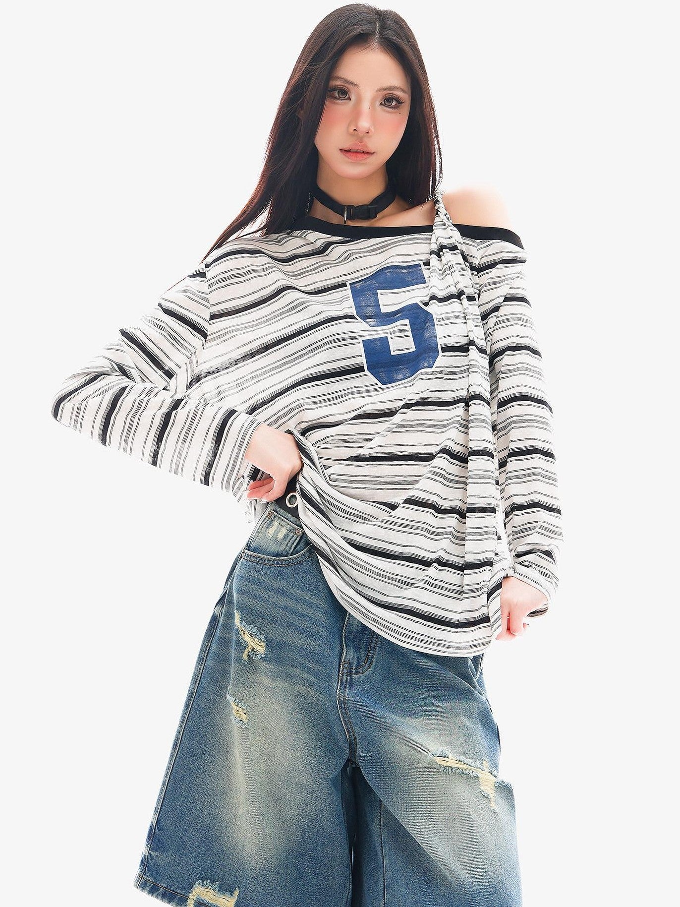 QIUQIU STUDIO Striped Lettering Print Asymmetric Shoulder Loose Women&