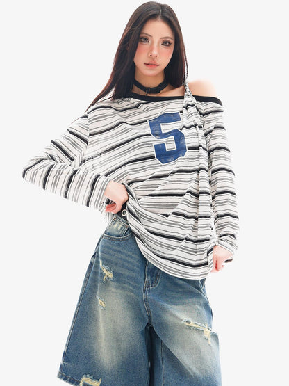QIUQIU STUDIO Striped Lettering Print Asymmetric Shoulder Loose Women&