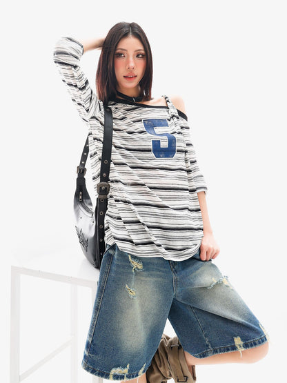 QIUQIU STUDIO Striped Lettering Print Asymmetric Shoulder Loose Women&