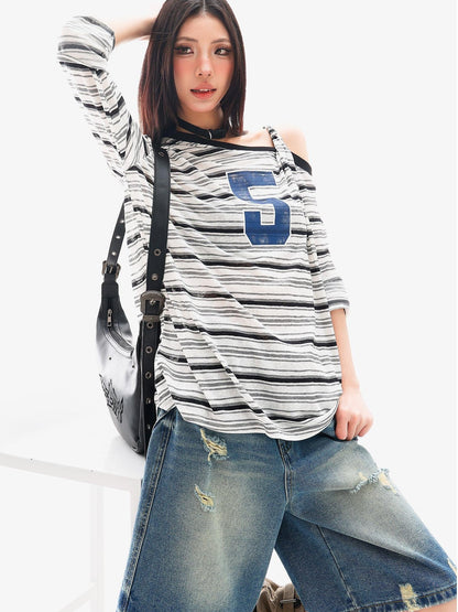 QIUQIU STUDIO Striped Lettering Print Asymmetric Shoulder Loose Women&