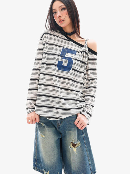 QIUQIU STUDIO Striped Lettering Print Asymmetric Shoulder Loose Women&