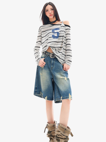QIUQIU STUDIO Striped Lettering Print Asymmetric Shoulder Loose Women&