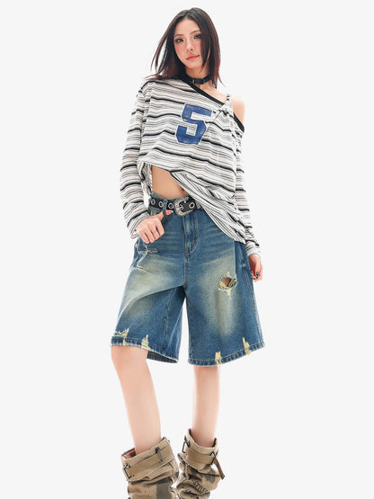 QIUQIU STUDIO Striped Lettering Print Asymmetric Shoulder Loose Women&