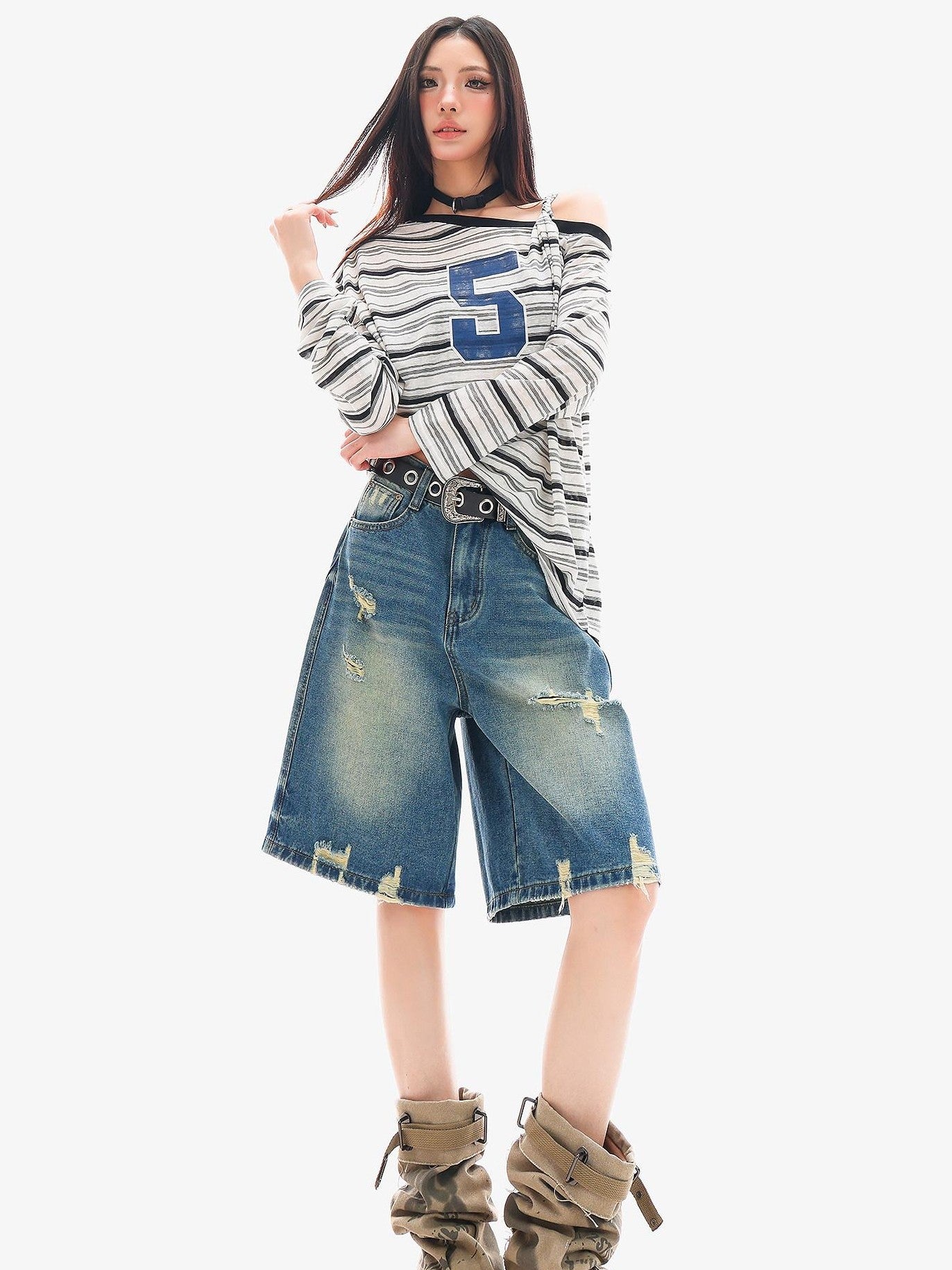 QIUQIU STUDIO Striped Lettering Print Asymmetric Shoulder Loose Women&
