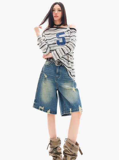 QIUQIU STUDIO Striped Lettering Print Asymmetric Shoulder Loose Women&